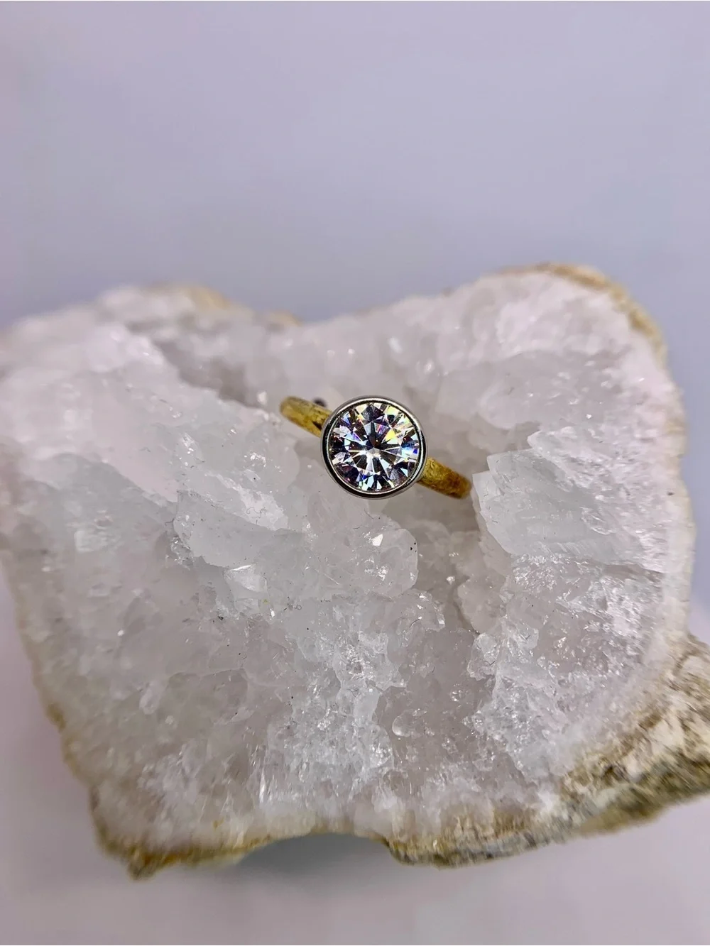 Yellow - White Gold Two Tone Bezel Moissanite Ring Brilliant Round Cut GRA 2 Ct